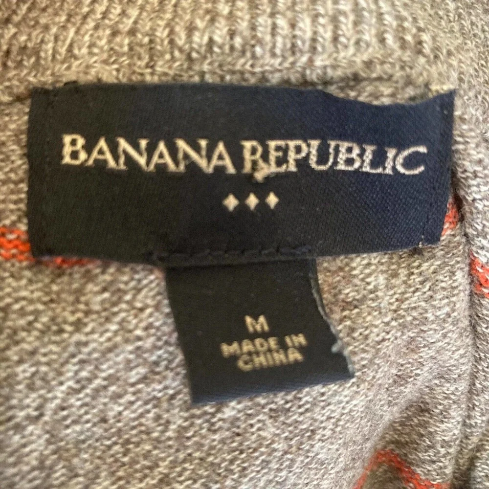Banana Republic Sweater Men Medium Gray 1/4 Zip Pullover Orange Stripe Cotton‎